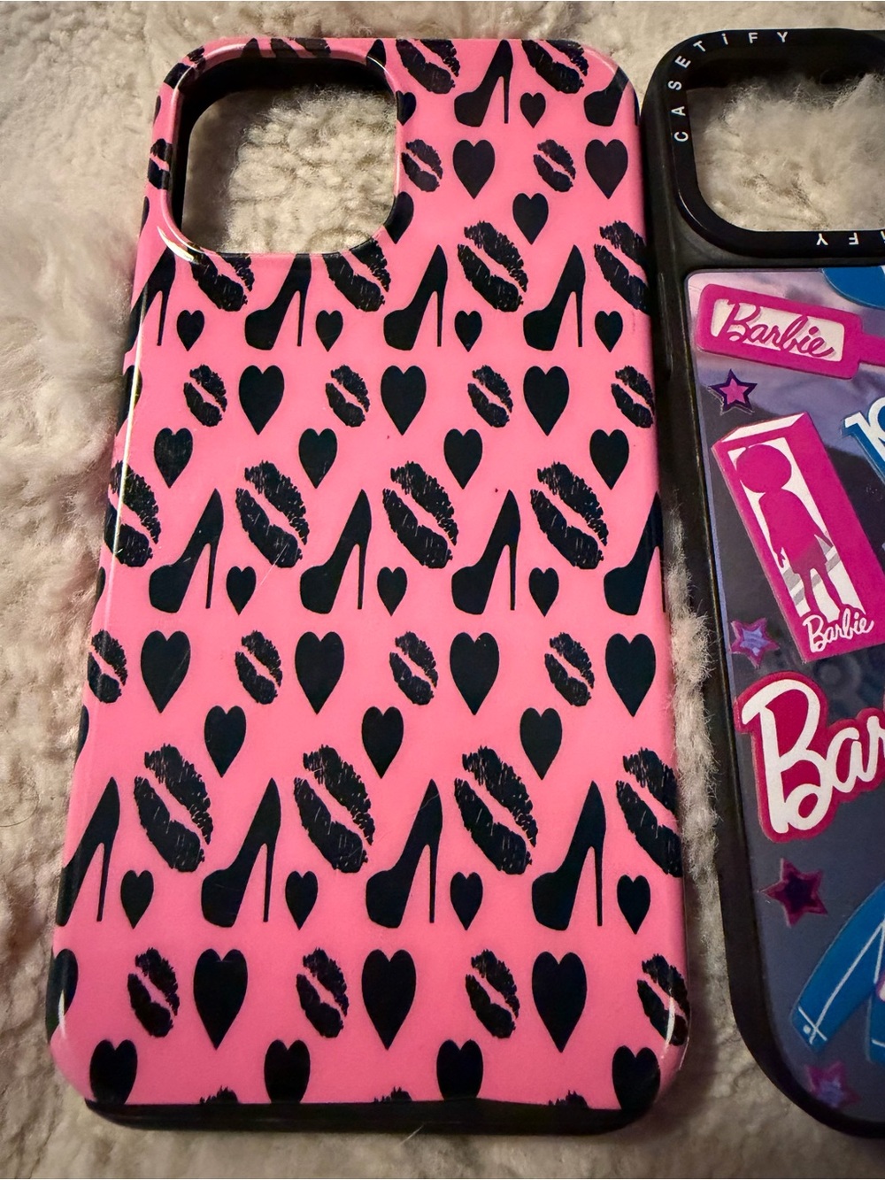 Amazon Pink Phone Case w/ Black🖤Kisses & 👠 , & Barbie case for 15 plus
